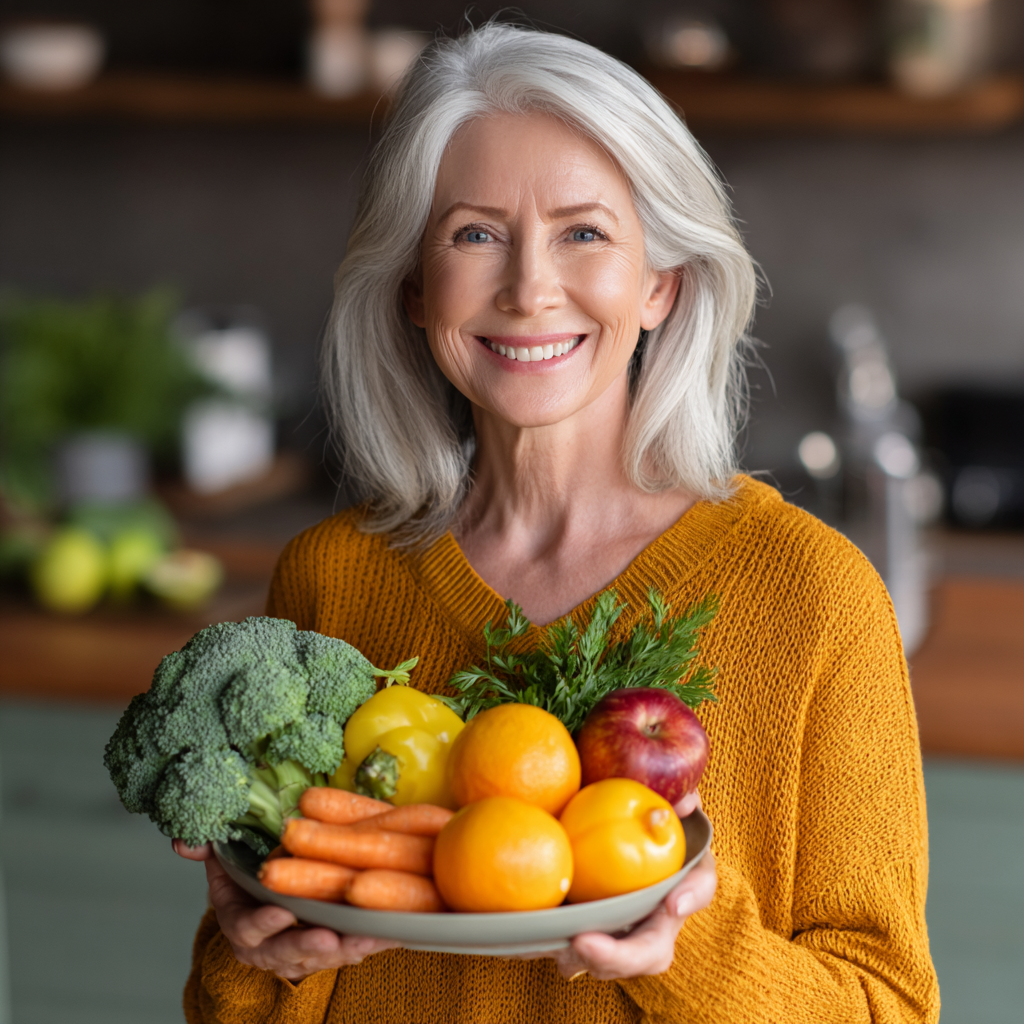 Жінка 55 років усміхається, тримаючи тарілку зі свіжими овочами та фруктами, демонструє результати здорового харчування